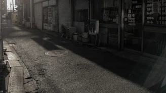 Wide shot of a downtown alley with a figure dressed in modern streetwear, shadows dancing.
