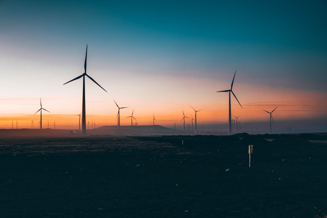wind turbines on field during sunset