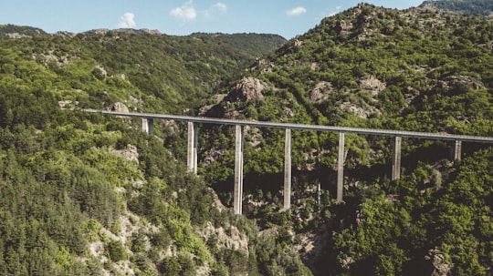 gray metal bridge over green mountain under blue sky during daytime in Klisura Bulgaria