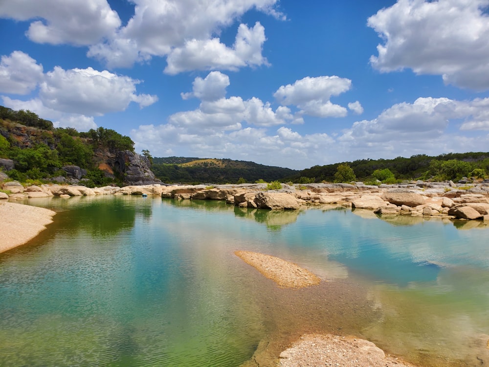 blue lake under blue sky and white clouds during daytime