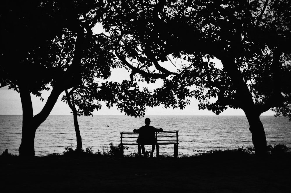 silhouette of man sitting on bench near body of water during daytime