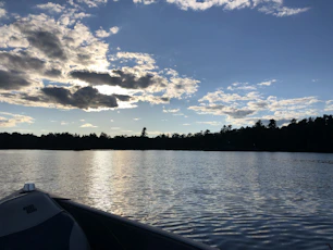 A serene early morning view of Lake Erie with a fishing boat casting lines near the shore.