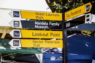 A set of directional signposts with various destinations, including Nobel Laureate Walk, Mandela Family Museum, Lookout Point, Hector Pieterson Trail, Tutu Residence, and B&B. The signs are colored in yellow and black, with iconography indicating their purposes, such as landscapes and accommodations.