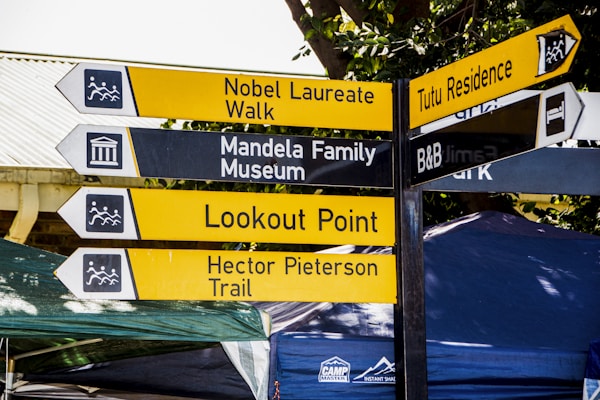 A set of directional signposts with various destinations, including Nobel Laureate Walk, Mandela Family Museum, Lookout Point, Hector Pieterson Trail, Tutu Residence, and B&B. The signs are colored in yellow and black, with iconography indicating their purposes, such as landscapes and accommodations.