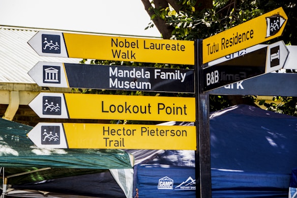 A set of directional signposts with various destinations, including Nobel Laureate Walk, Mandela Family Museum, Lookout Point, Hector Pieterson Trail, Tutu Residence, and B&B. The signs are colored in yellow and black, with iconography indicating their purposes, such as landscapes and accommodations.
