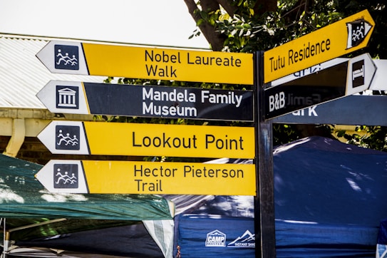 A set of directional signposts with various destinations, including Nobel Laureate Walk, Mandela Family Museum, Lookout Point, Hector Pieterson Trail, Tutu Residence, and B&B. The signs are colored in yellow and black, with iconography indicating their purposes, such as landscapes and accommodations.