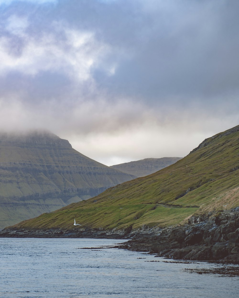 green and brown mountain beside body of water under cloudy sky during daytime