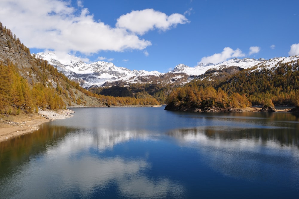 lago cercado por árvores e montanhas sob o céu azul durante o dia