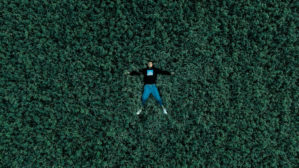 man in blue shirt and blue denim jeans lying on green grass field during daytime