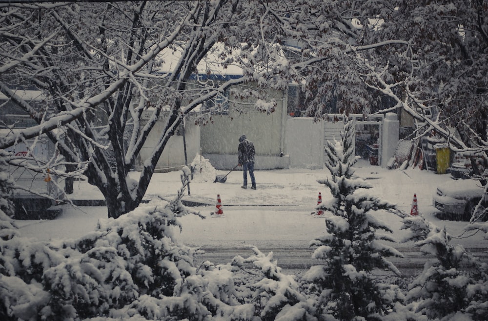 uomo in giacca nera e jeans blu in denim in piedi su terreno coperto di neve