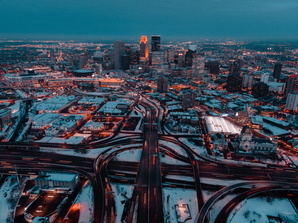 city skyline during night time