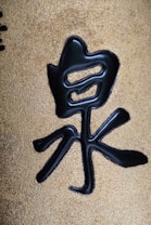 A stylized black character or symbol is embossed on a textured golden background, combining sleek dark lines with a shimmering surface.