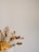 A dried floral arrangement featuring various plants with golden and brown hues, including eucalyptus and possibly hydrangeas. The background is a plain, light beige or cream color, providing a minimalist and rustic aesthetic.