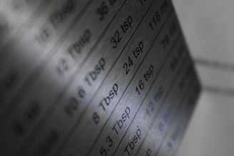 A close-up view of a metal conversion chart listing measurements in tablespoons and teaspoons alongside their metric equivalents. The surface has a brushed metallic finish, and the text is engraved or printed onto it.