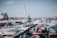 A busy shipyard scene featuring a large crane positioned on a dock, surrounded by various ships and industrial buildings. The area is covered in snow, indicating a cold winter environment. Surrounding the dock are several buildings and distant city structures, under a partly cloudy sky.