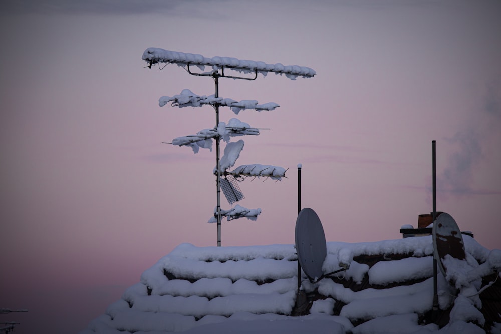 a snow covered roof with a street light in the background