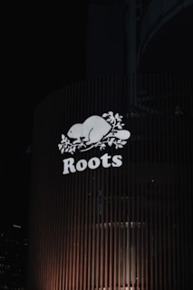 A brightly illuminated sign featuring the word 'Roots' with a stylized beaver and maple leaves. The sign is mounted on a building with vertical slats, set against a dark night sky. City lights are faintly visible in the background.