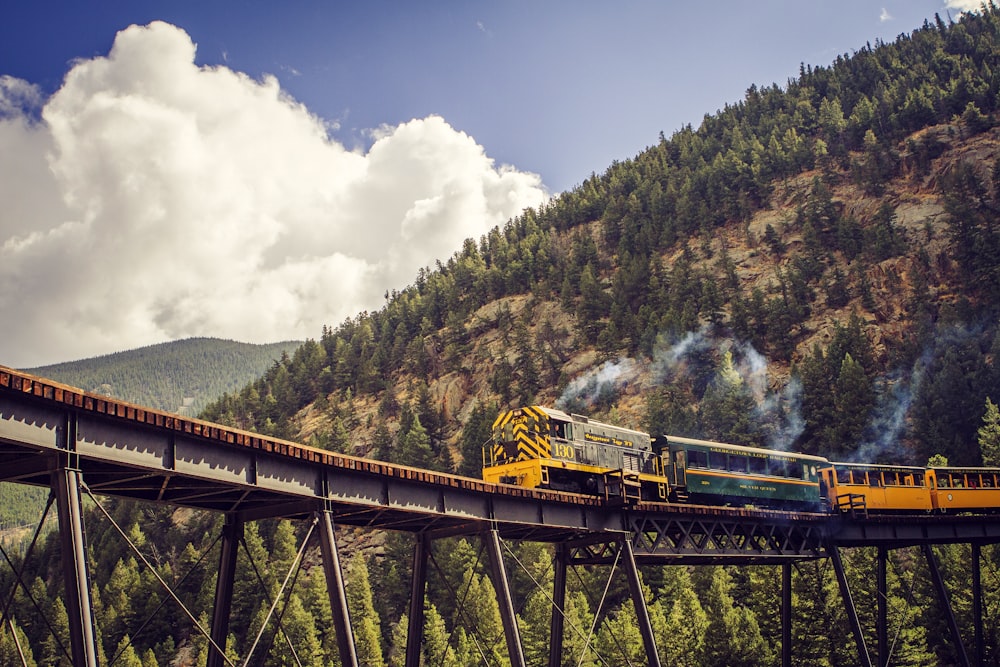 yellow and blue train on rail tracks near green trees under white clouds and blue sky