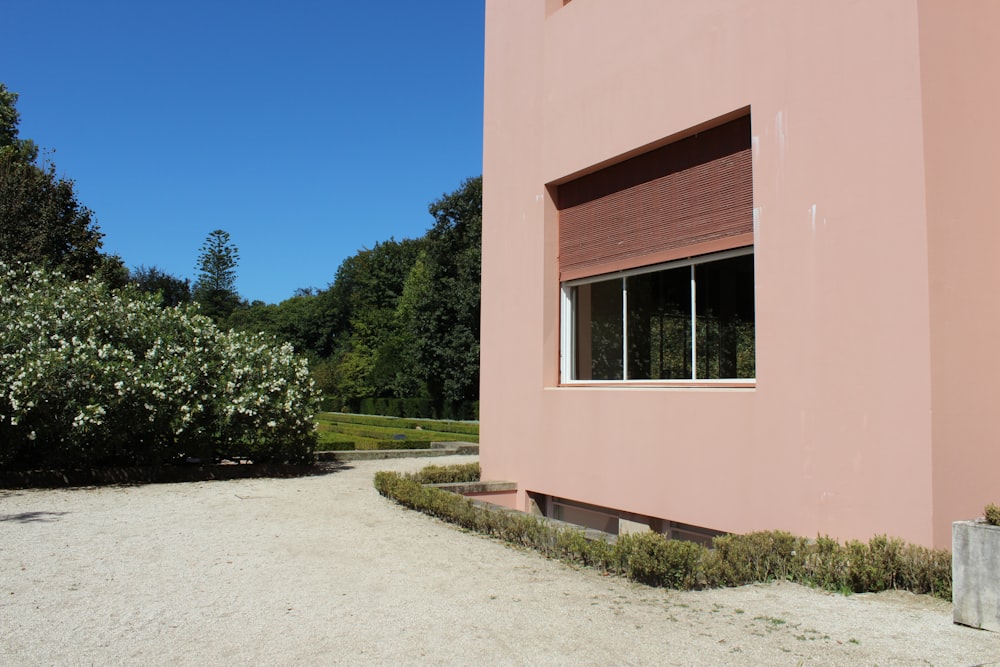 árvores verdes ao lado do edifício de concreto rosa durante o dia