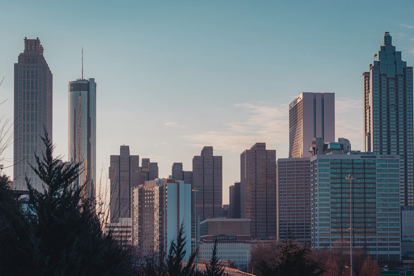 Atlanta skyline of office towers under a clear daytime sky