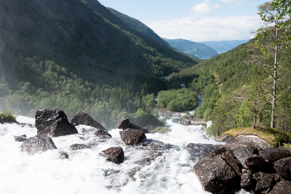 river in between green mountains during daytime