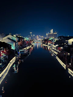 A serene night view of Tokyo city lights reflecting on the Sumida River.