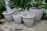 A collection of six large, empty, gray concrete planters of varying sizes arranged on a stone tiled floor. They are set against a lush green backdrop of tropical foliage, creating a contrast between the natural greenery and the stark solidity of the planters.