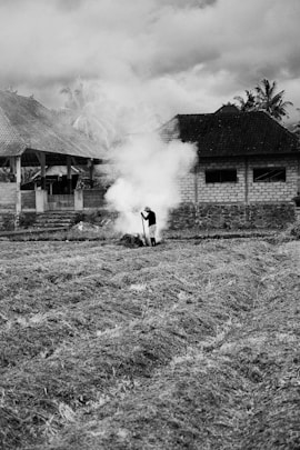 grayscale photo of 2 people walking on grass field near house