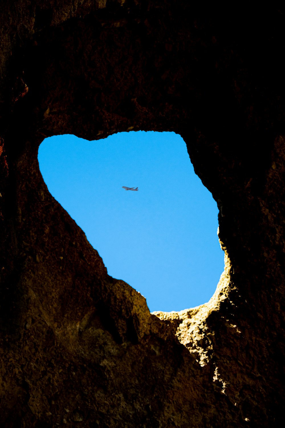 black and white bird flying over the cave during daytime
