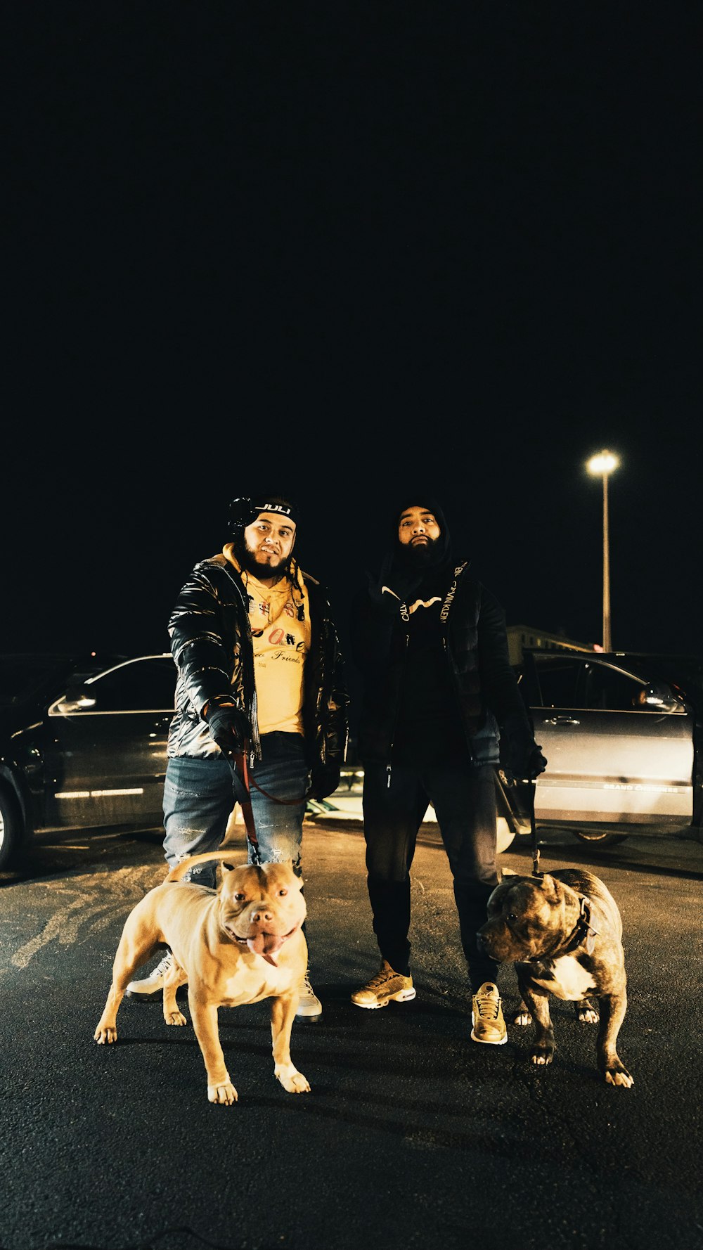 man in black jacket standing beside brown short coated dog during night time