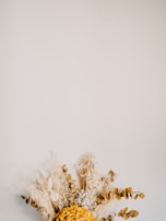 A bouquet of dried flowers and plants is placed against a plain, light-colored wall. The arrangement features a variety of textures and forms, including soft grasses, fluffy pampas, and rounded brown leaves. The centerpiece is a cluster of yellow dried flowers, adding a vibrant pop of color to the neutral tones.