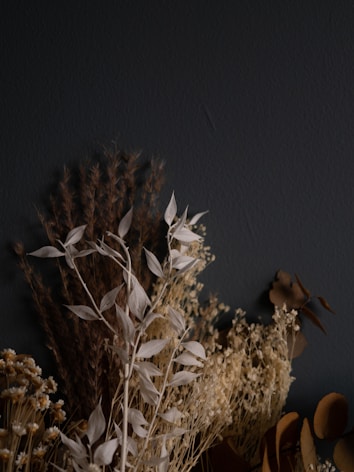 A collection of dried flowers and leaves arranged against a dark background. The composition includes delicate white leaves, fluffy beige blooms, and brown foliage, creating a contrast with the muted wall.