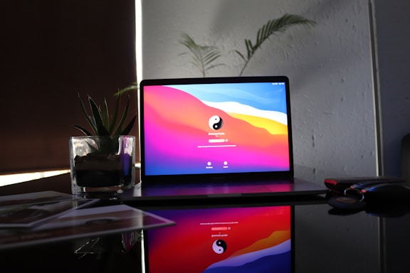 A laptop displaying a colorful login screen is placed on a reflective surface. To the left, a potted succulent is visible, and various items, possibly documents, are scattered nearby. In the background, faint outlines of tall plants can be seen against a textured wall.