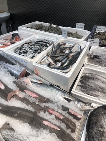 Various types of fresh seafood are displayed on ice in a market setting. Fish, shrimp, squid, and blue crabs are neatly arranged in white styrofoam boxes, with each type labeled with price tags. The scene reflects a typical seafood market with a variety of options available for purchase.