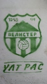 A green and white logo painted on a textured wall. The logo features the year 1945, a stylized mountain, and a volleyball. Below the emblem, there are Cyrillic letters written in green.