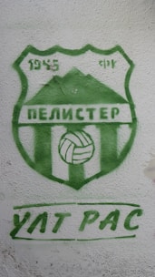 A green and white logo painted on a textured wall. The logo features the year 1945, a stylized mountain, and a volleyball. Below the emblem, there are Cyrillic letters written in green.