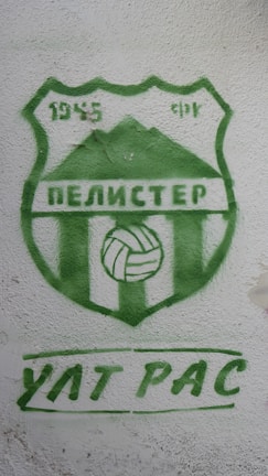 A green and white logo painted on a textured wall. The logo features the year 1945, a stylized mountain, and a volleyball. Below the emblem, there are Cyrillic letters written in green.