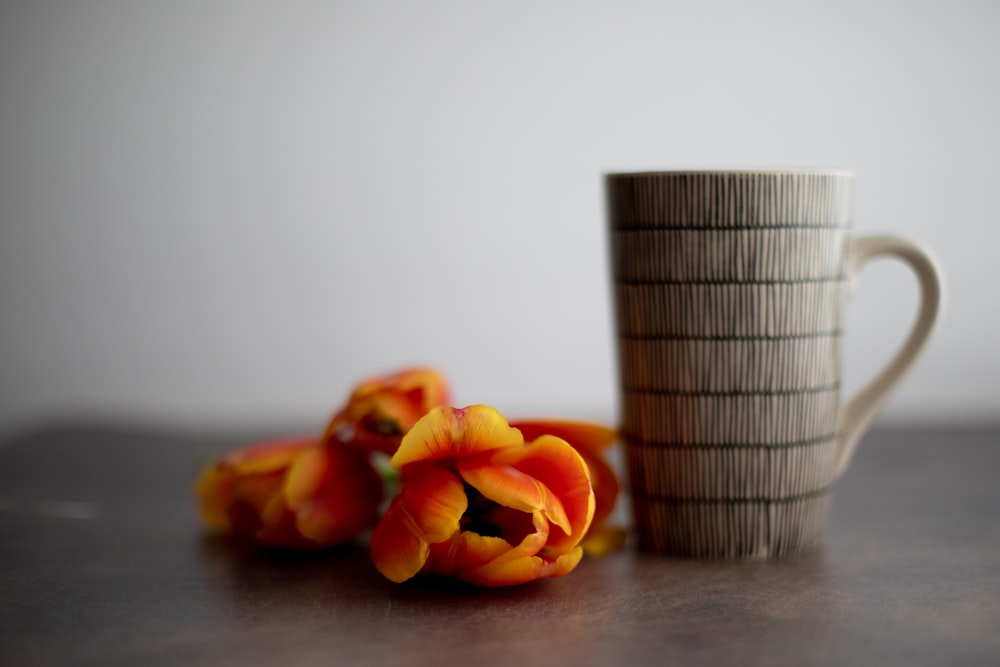 orange tulips in gray ceramic mug