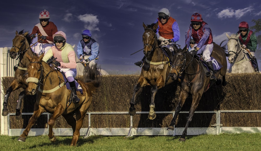 2 men riding horse during daytime