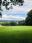 A grassy golf course with a flag on the right side, surrounded by lush green trees. The horizon features a distant town under a partly cloudy sky.