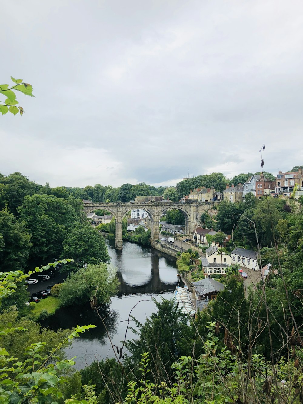 rivière entre les arbres verts et les bâtiments sous le ciel blanc pendant la journée