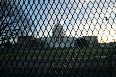 A prominent government building with a large dome is visible in the background, framed by a black metal fence in the foreground. The surrounding landscape includes manicured lawns and barren trees under a clear sky.