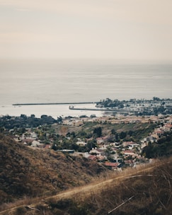An expansive landscape featuring a suburban area nestled between rolling hills and the vast ocean. Rows of houses with red and beige roofs are visible alongside well-maintained green gardens. The coastline stretches out with breakwaters extending into the calm sea. The overall scene conveys a sense of tranquility and orderliness.