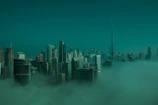 A misty futuristic city skyline at dawn, blending sci-fi elements with historical architecture.