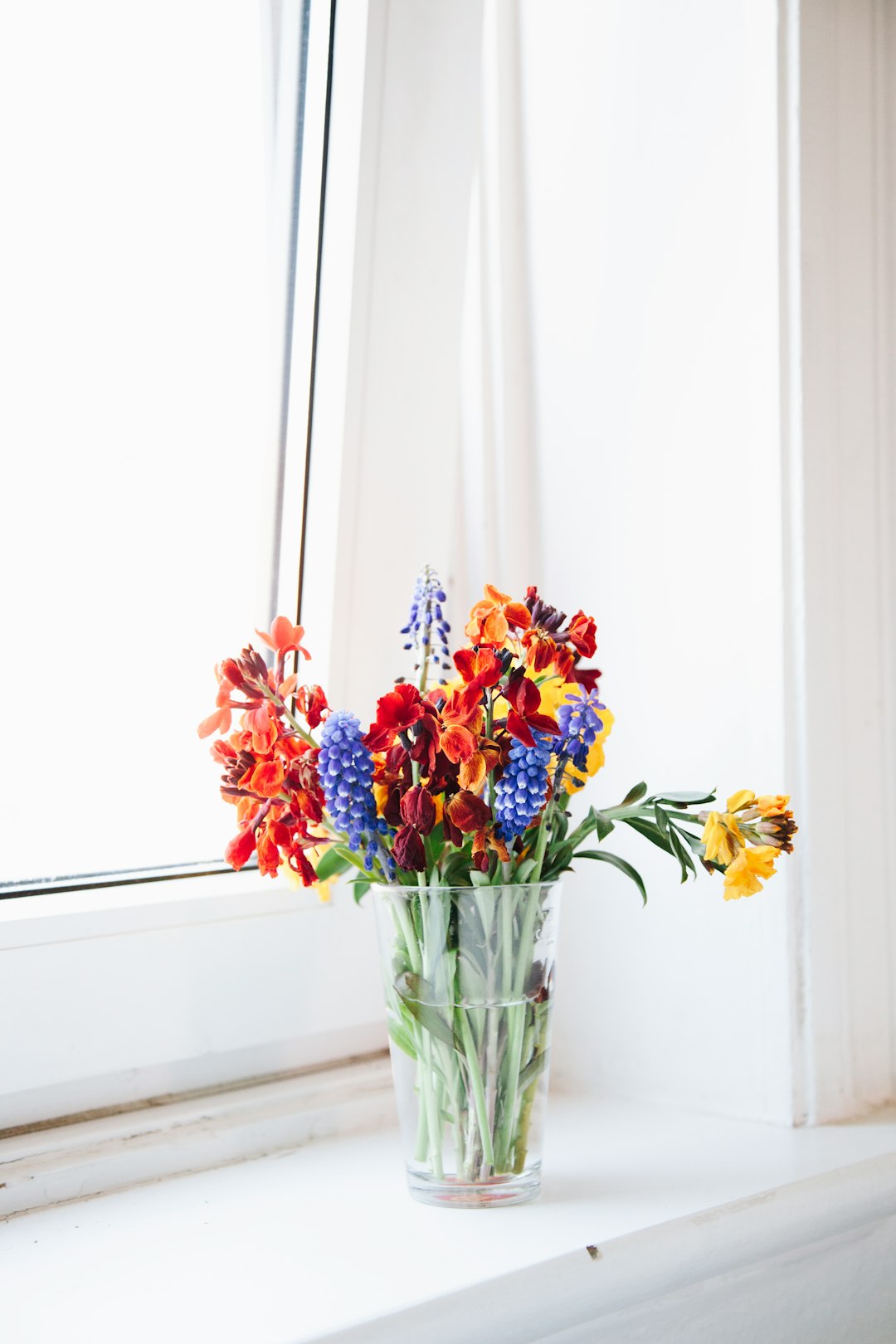 yellow blue and pink flowers in clear glass vase