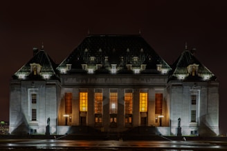 white and brown concrete building during night time