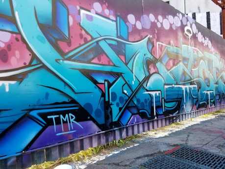 Vibrant and intricate graffiti art on a wall with abstract shapes and a blend of sharp angles and curves. The artwork features shades of blue, purple, and pink, with highlights of black outlining various elements. The surface appears textured and part of an urban setting, with some greenery visible at the base of the wall.