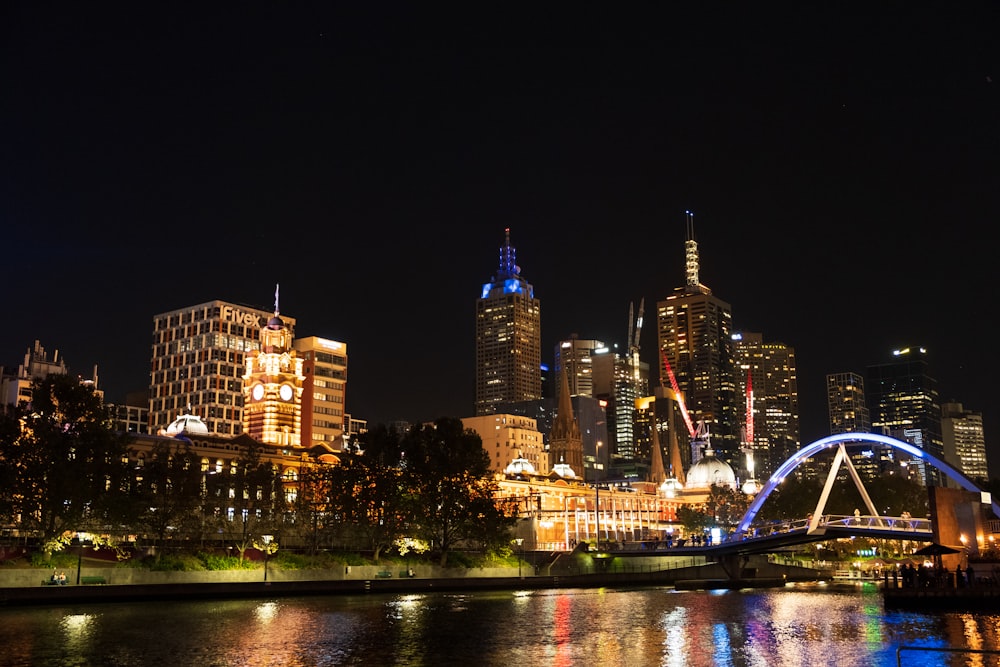 city skyline during night time