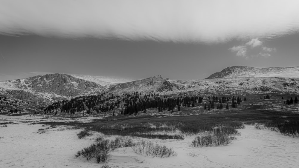 grayscale photo of mountain ranges