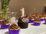chocolate cupcake with pink and purple candles